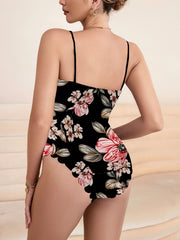 Floral Print Cami Bodysuit Plunge Neck Scallop Trim Bodysuit