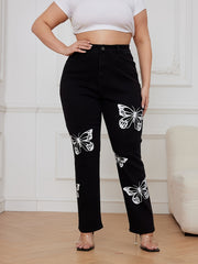 Plus Butterfly Print Button Fly High Rise Stretch Jeans