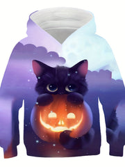 Boy's Halloween Cat Graphic Hoodie Casual 3D Print Hooded Sweatshirt