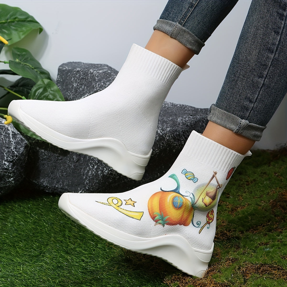 Women's Halloween Pumpkin Print Stretch Sock Boots