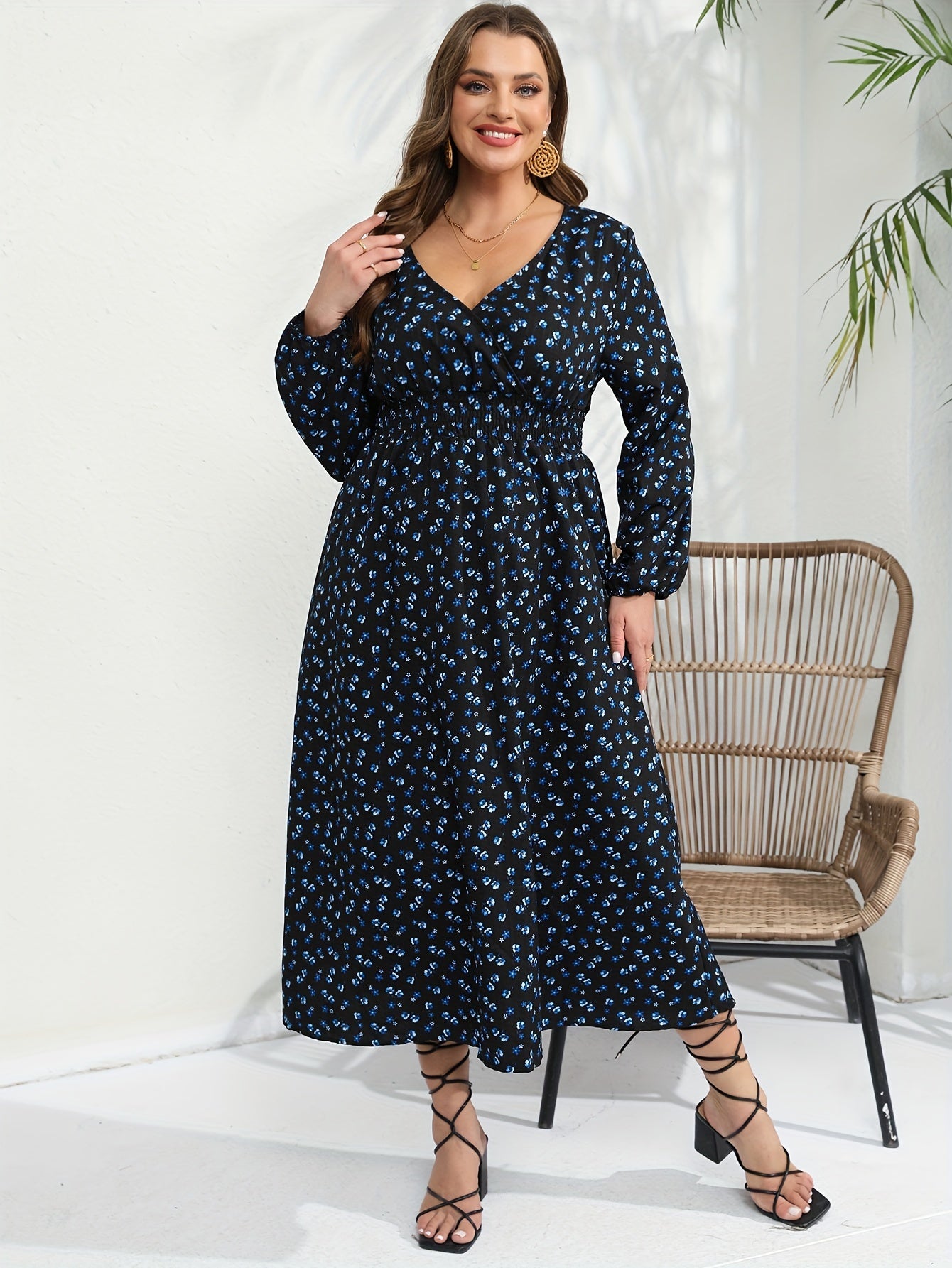 Ditsy Print Long Sleeve Maxi Dress