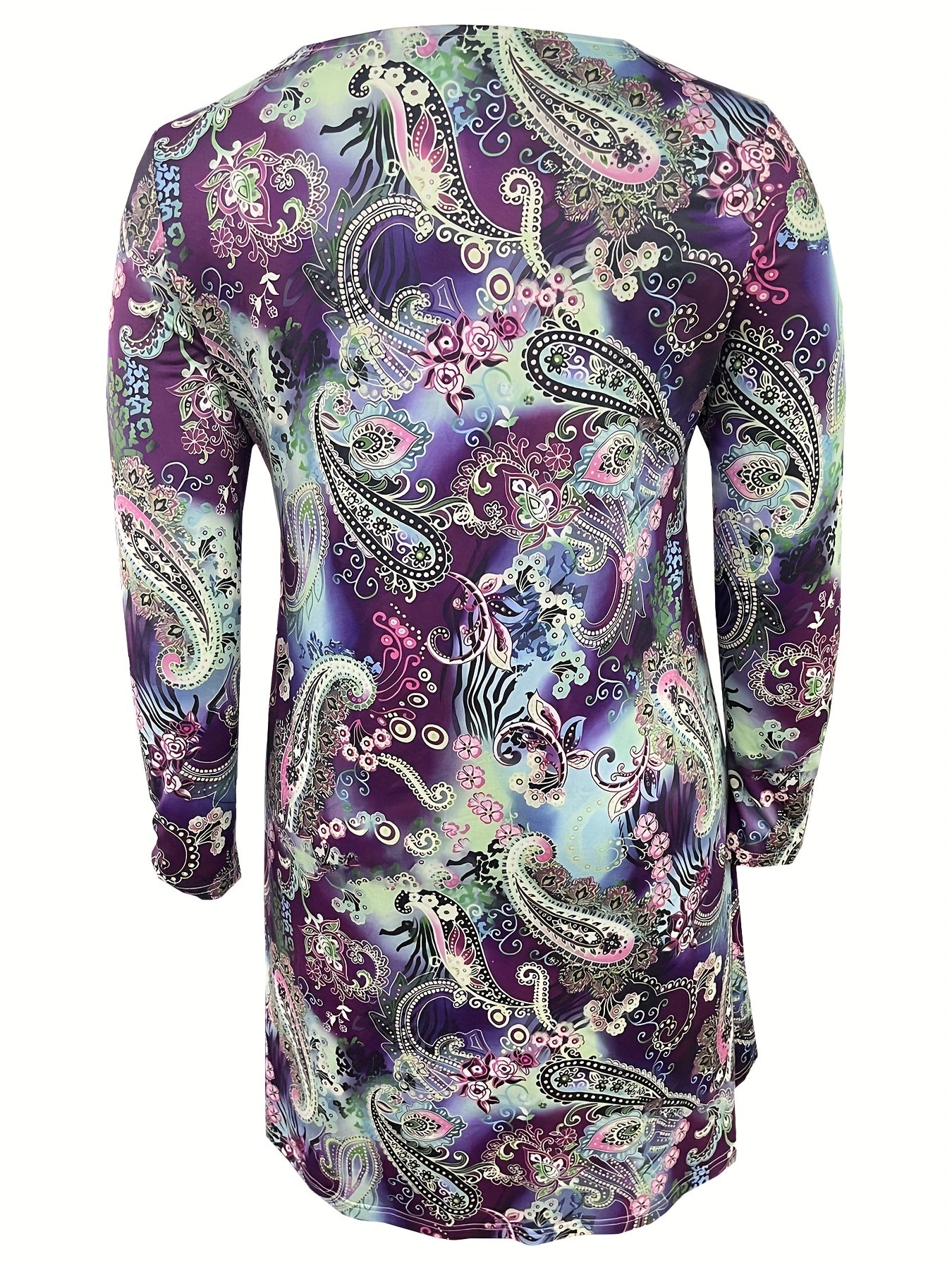 Paisley Print Long Sleeve Half Zipper Boho Dress