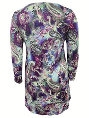 Paisley Print Long Sleeve Half Zipper Boho Dress