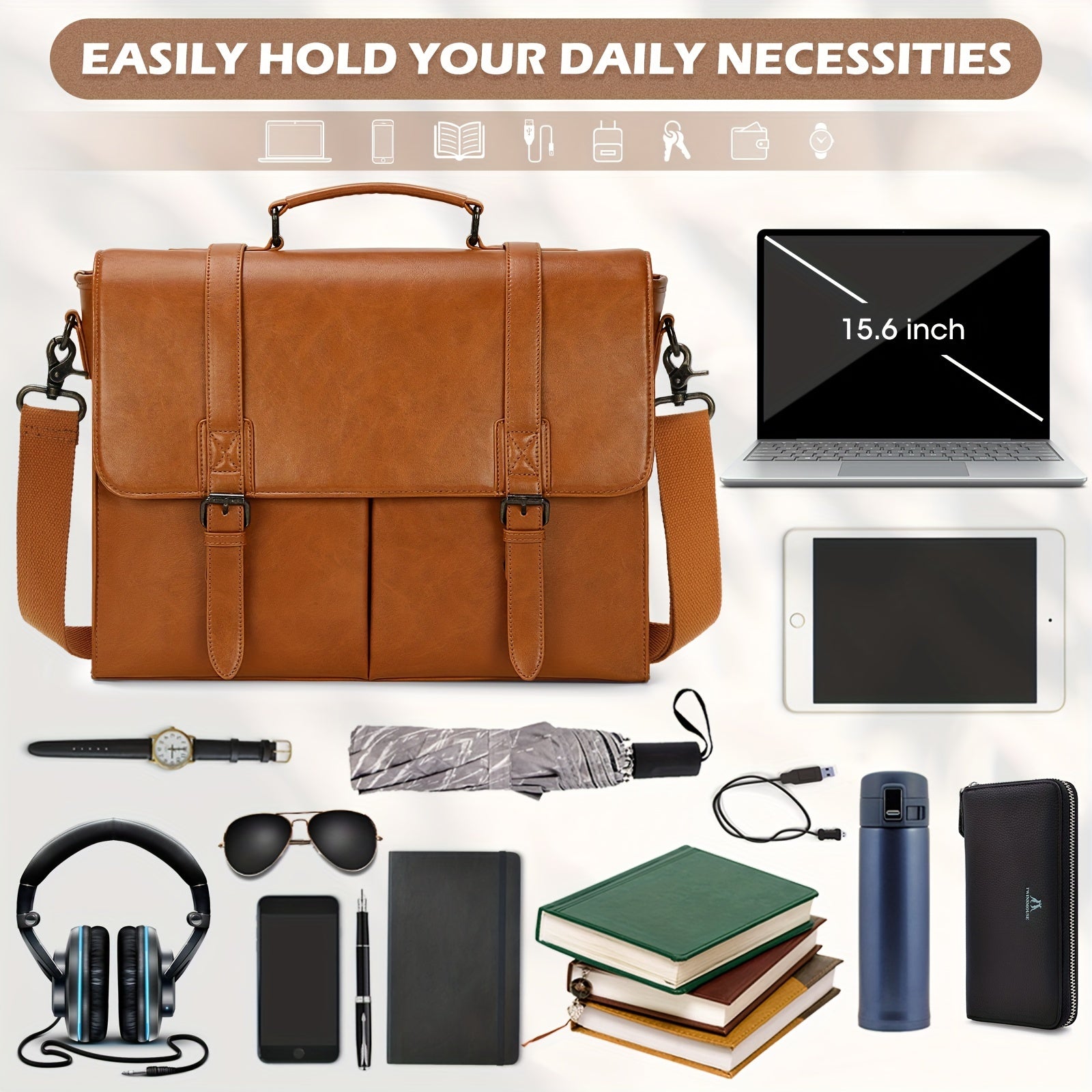 15.6 Inch Laptop Storage Briefcase Waterproof Lightweight PU Leather Tote Bag