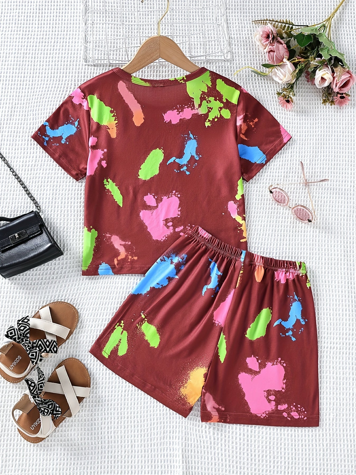 Girls' Tie Dye Short Sleeve T-Shirt Top & Shorts Set for Street Party