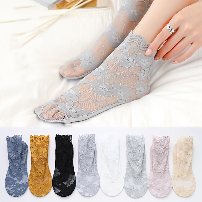 4 Pairs Lacy Floral Trim Socks Women's Stockings