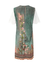 Floral Print V Neck Dress Lace Short Sleeve Dress