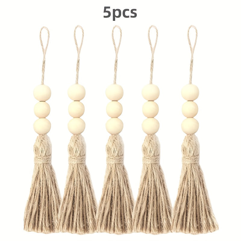 5pcs Jute Rope Fringed Wood Beads Pendant DIY Craft