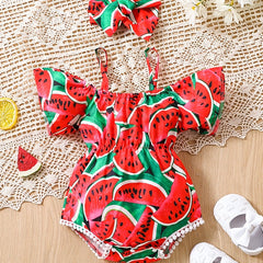2pcs Baby Girls Watermelon Print Onesie & Headband Set