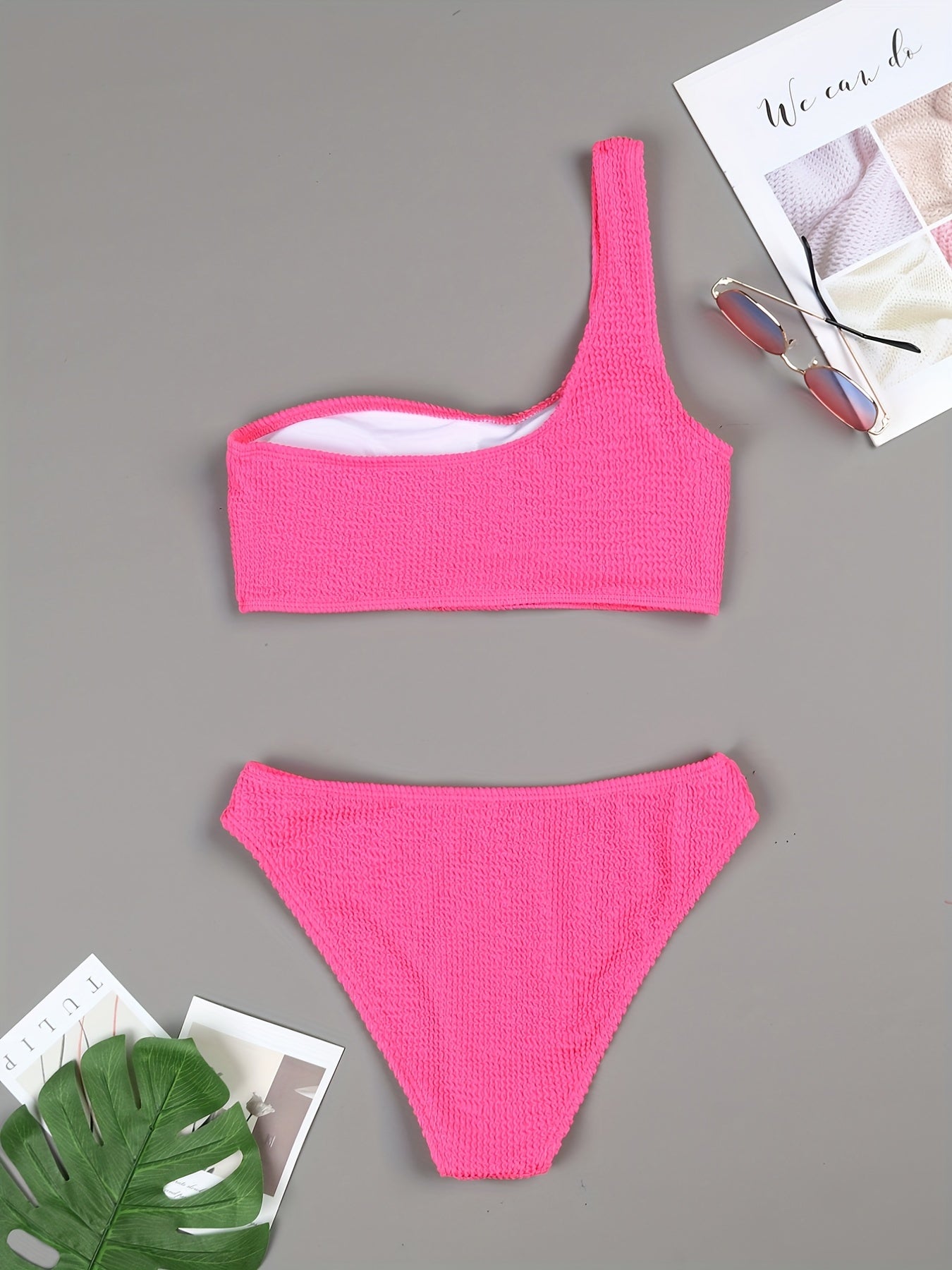 One Shoulder Solid 2 Piece Set Bikini Asymmetric Ruched Swimsuit