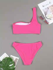 One Shoulder Solid 2 Piece Set Bikini Asymmetric Ruched Swimsuit