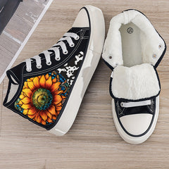 Flower Print Plush Lined Thermal Chunky Canvas Sneakers