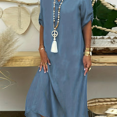 Solid Roll Up Sleeve Maxi Dress