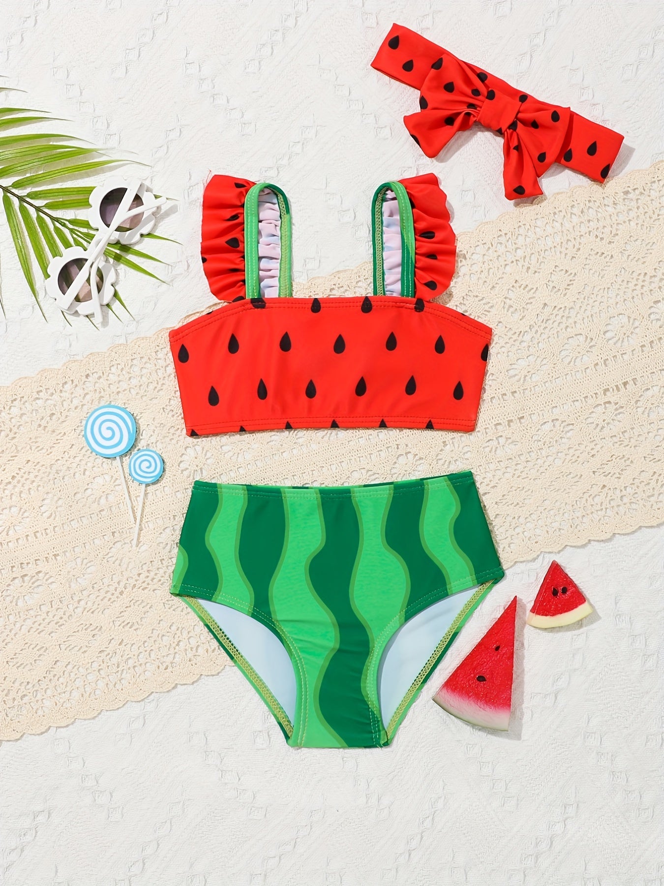 Baby Girls Watermelon Split Swimsuit Set with Headband