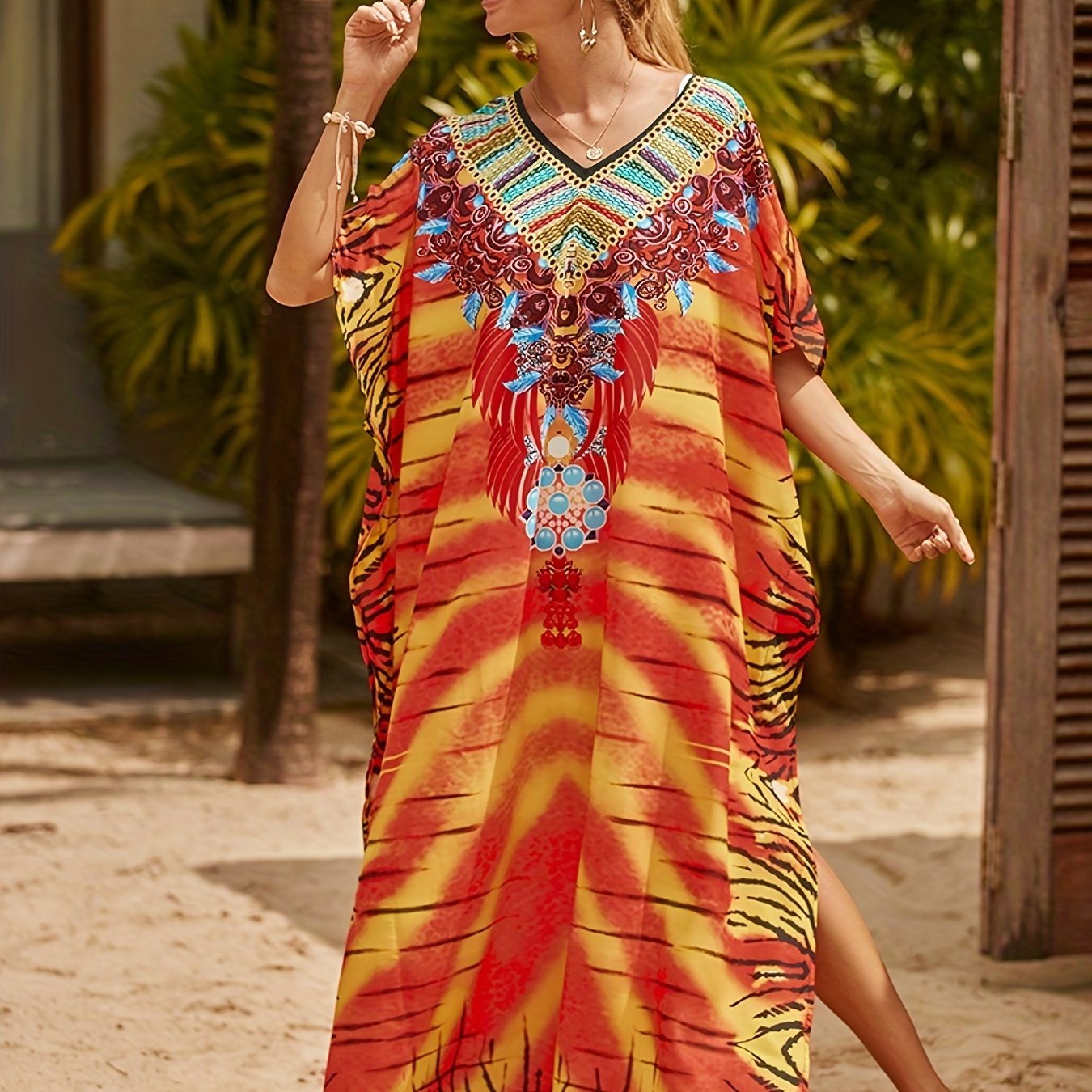 Floral Print Bat Sleeve V Neck Cover Up Dress