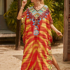 Floral Print Bat Sleeve V Neck Cover Up Dress
