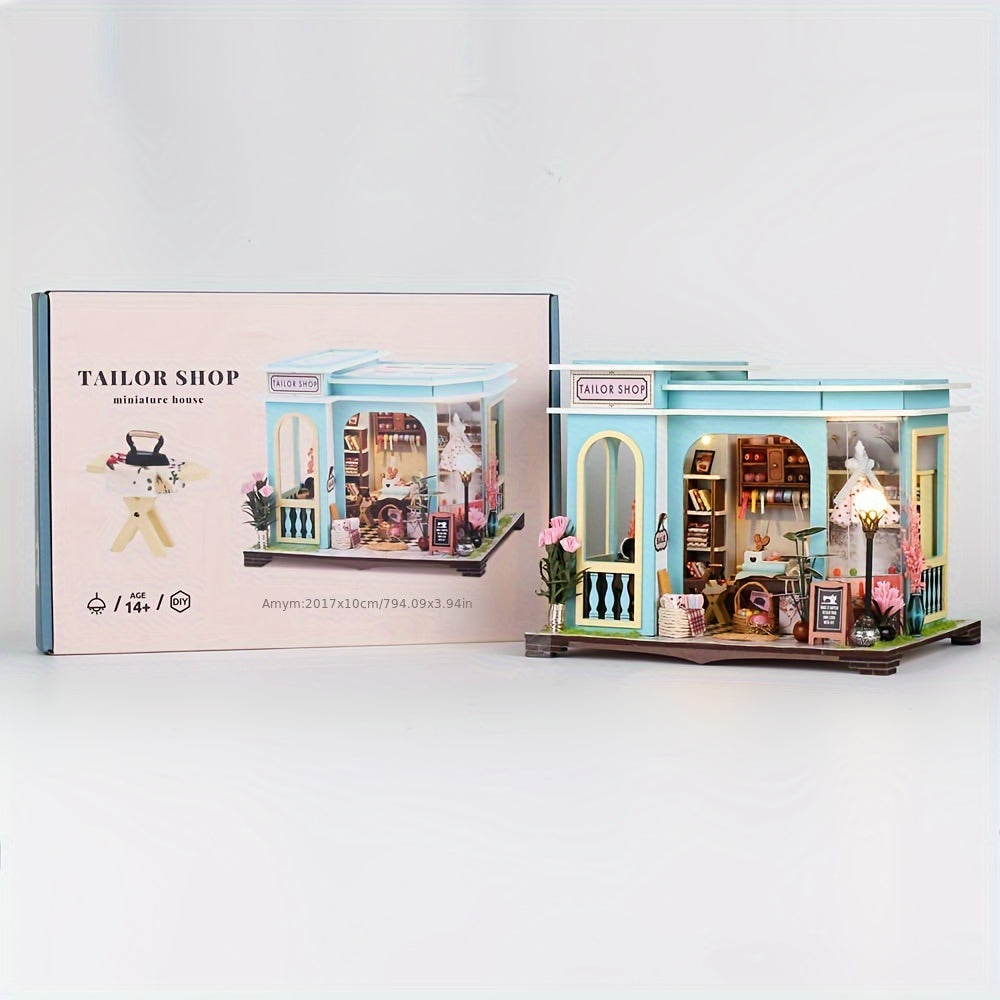 DIY Tailor Shop Dollhouse Furniture LED Wood Craft Toy House Kit