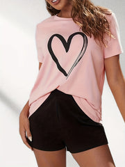 Heart Print Lounge Set Short Sleeve Top & Shorts Women's Sleepwear