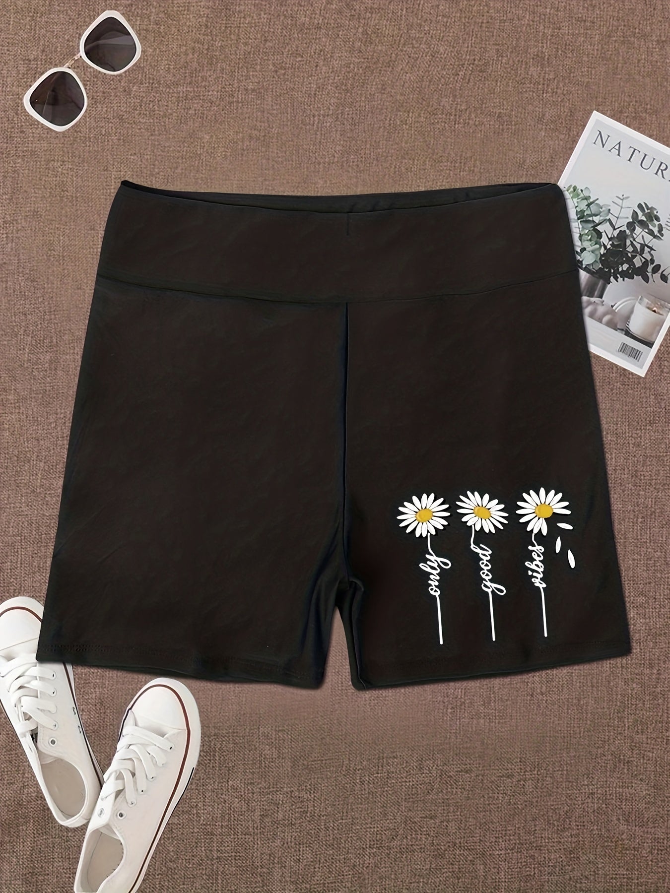 Daisy Print High Waist Short Leggings Sports Casual Summer Biker Shorts