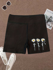 Daisy Print High Waist Short Leggings Sports Casual Summer Biker Shorts