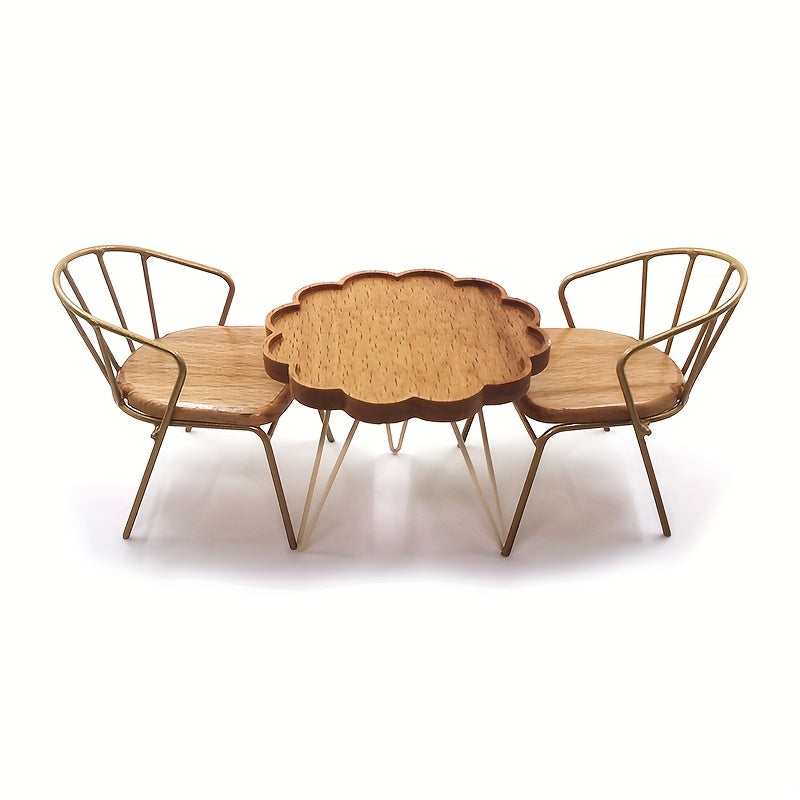3pcs 1:12 Dollhouse Furniture Set Flower Table Chairs Golden Iron Decor
