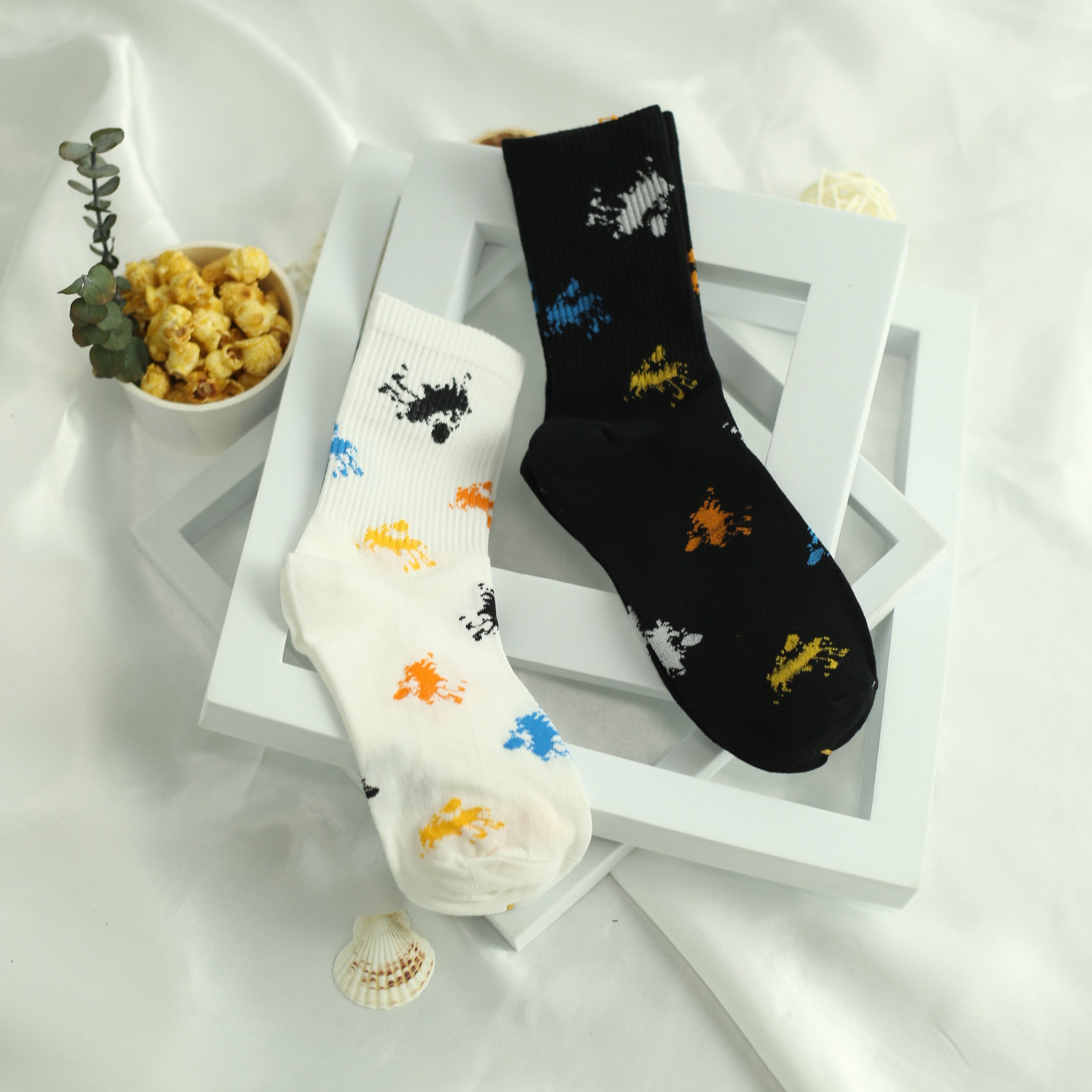 Men's Ink Pattern Crew Socks x2 Breathable Street Style Outdoor Wear