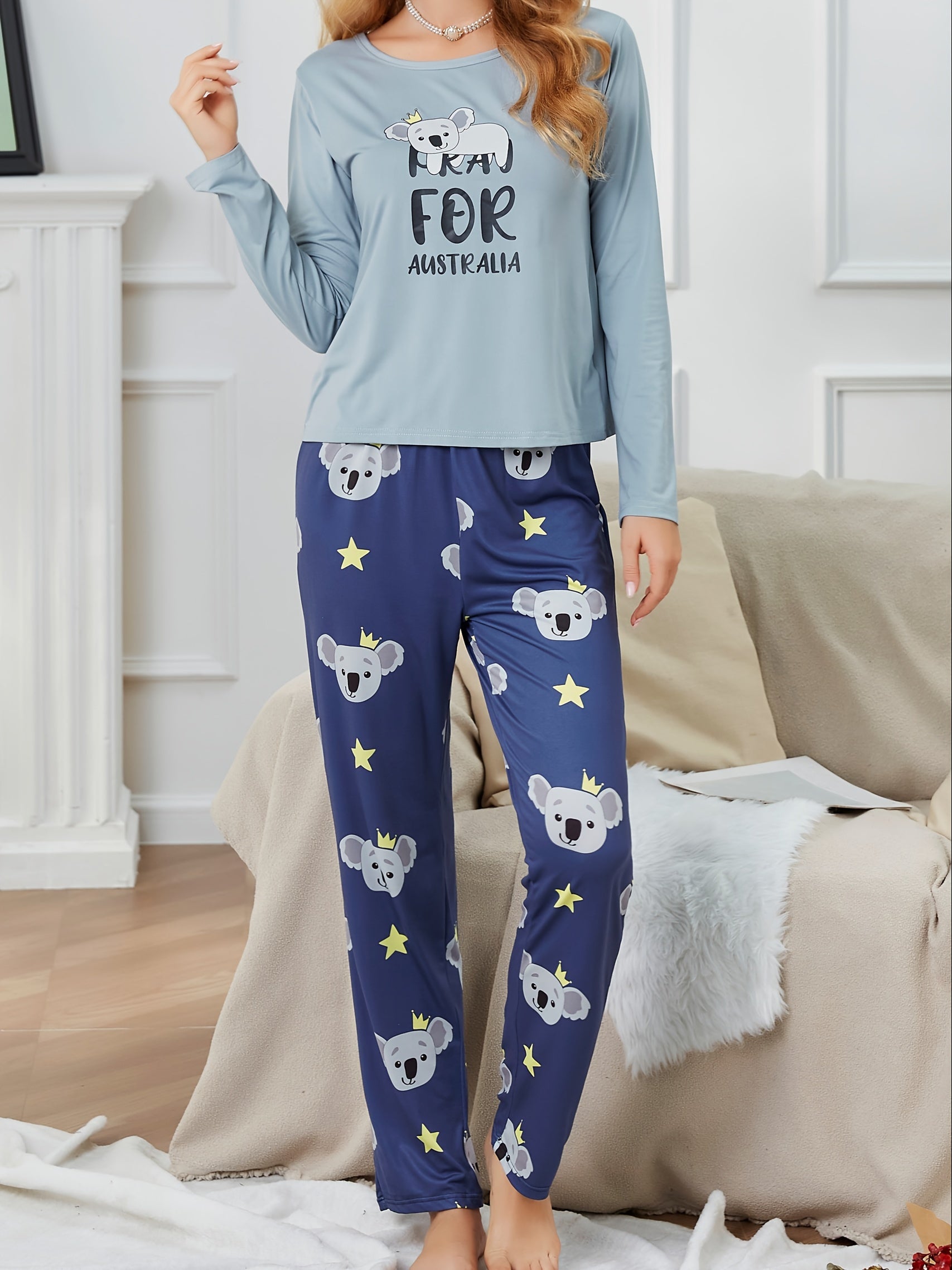 Koala Print Lounge Set Long Sleeve Top & Pants Women's Loungewear