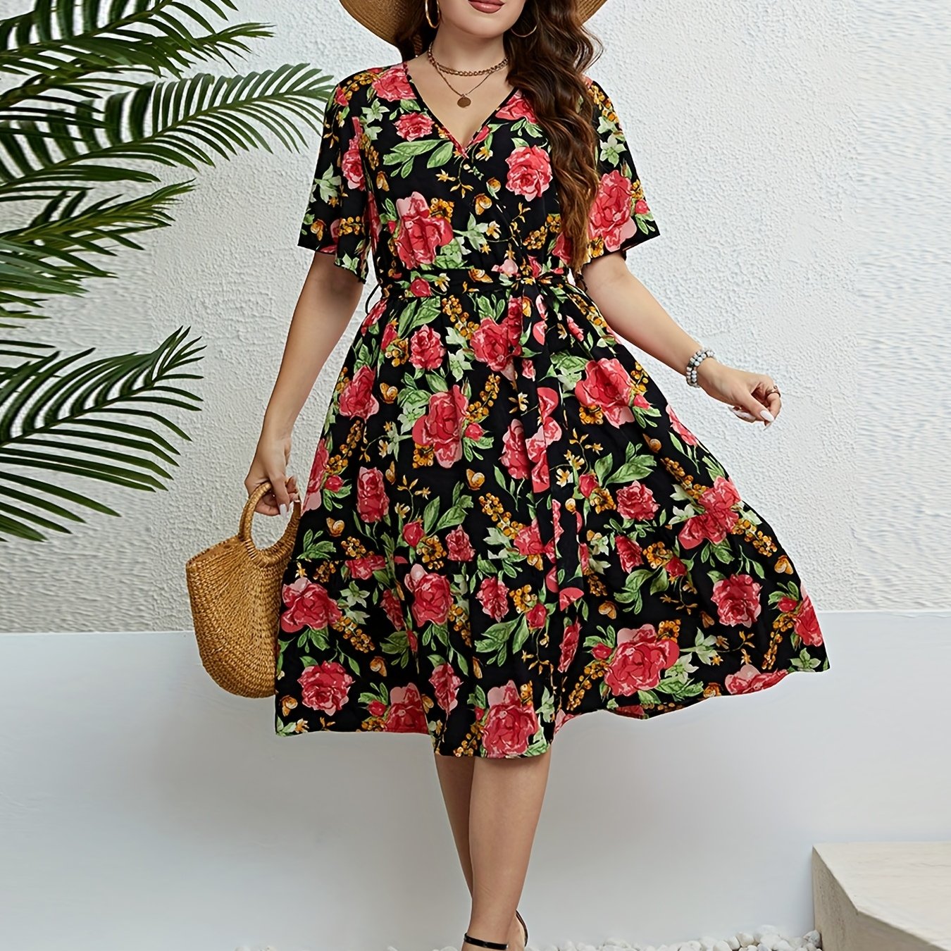 Plus Floral Print Short Sleeve Surplice Neck Stretch Midi Dress With Belt