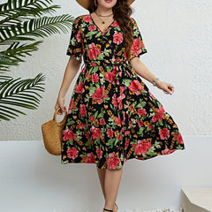 Plus Floral Print Short Sleeve Surplice Neck Stretch Midi Dress With Belt
