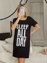 Letter Print Crew Neck Pajama Dress Women's Sleepwear