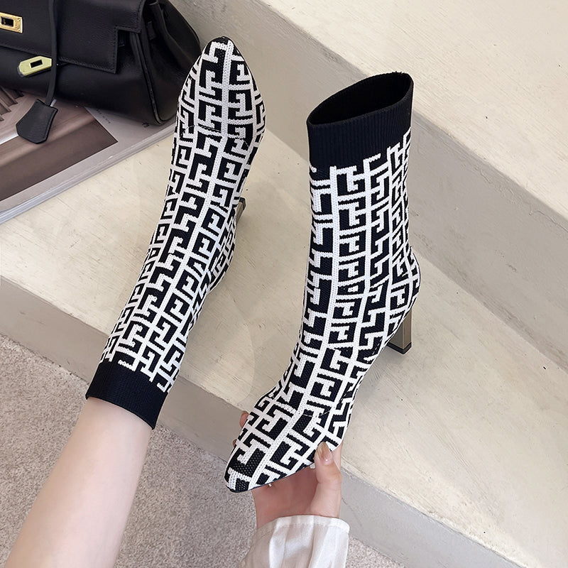 Greek Pattern Point Toe Sock Boots