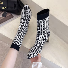 Greek Pattern Point Toe Sock Boots