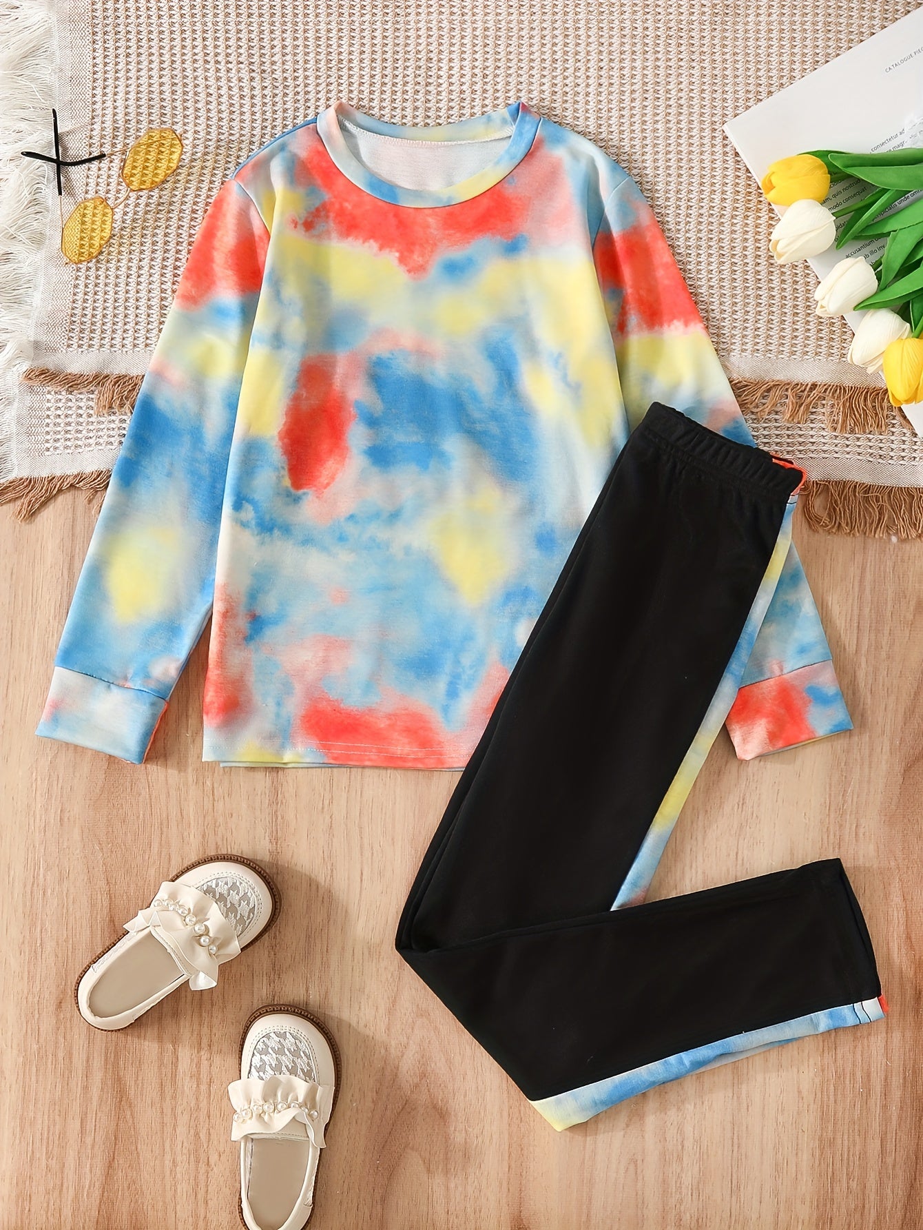 Girl's Tie Dye Long Sleeve Top & Pants Set