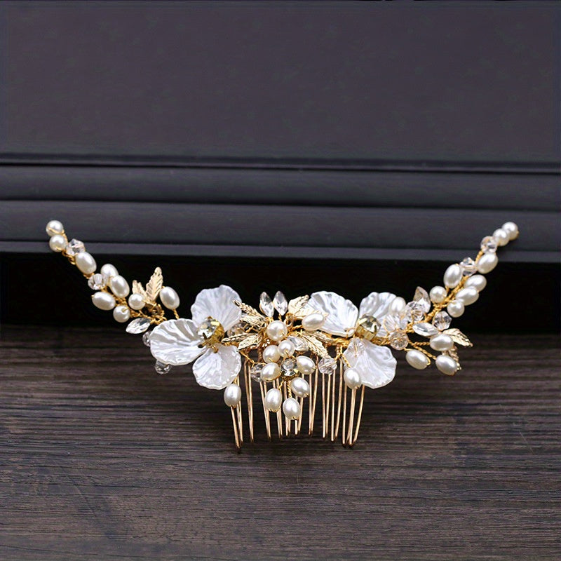 Faux Pearl Hair Comb Flower Hair Comb Golden Leaf Bridal Insert Comb