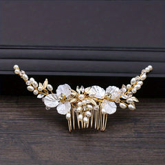 Faux Pearl Hair Comb Flower Hair Comb Golden Leaf Bridal Insert Comb