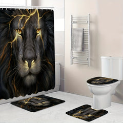 Lion Print Shower Curtain Set with 12 Hooks & Non-Slip Bathroom Rug