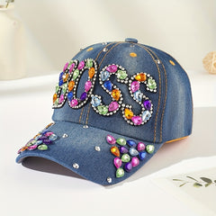 Rhinestone Denim Baseball Cap Distressed Dad Hat Y2K Sun Hat
