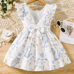 Toddler Girls Ruffle Trim Cat Graphic Backless Bow Princess Dress