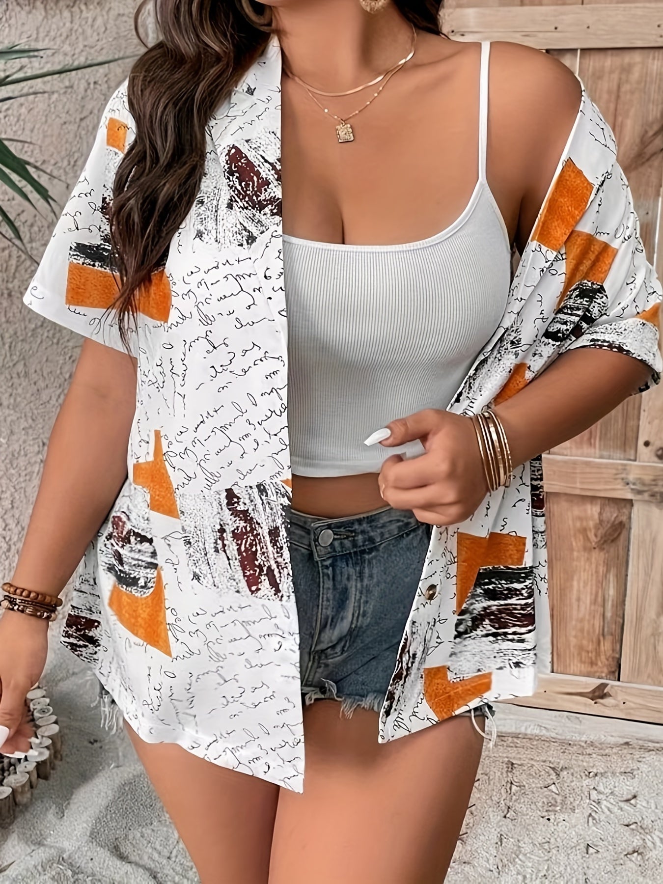 Colorblock Letter Print Button Up Short Sleeve Blouse