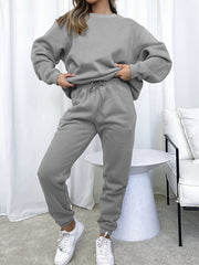 2pcs Solid Suits Crew Neck Sweatshirt & Drawstring High Waist