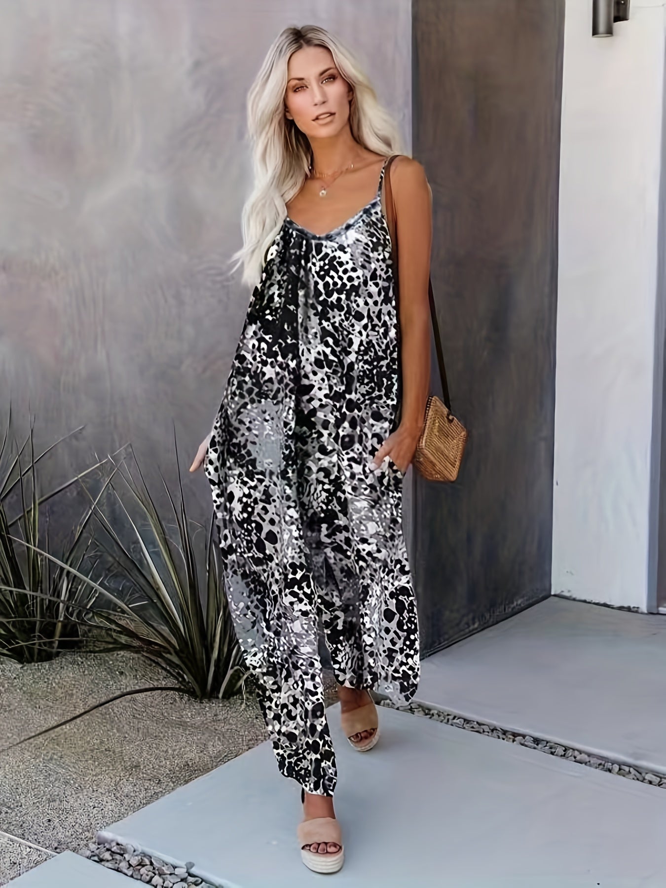 Leopard Print V Neck Cami Jumpsuit