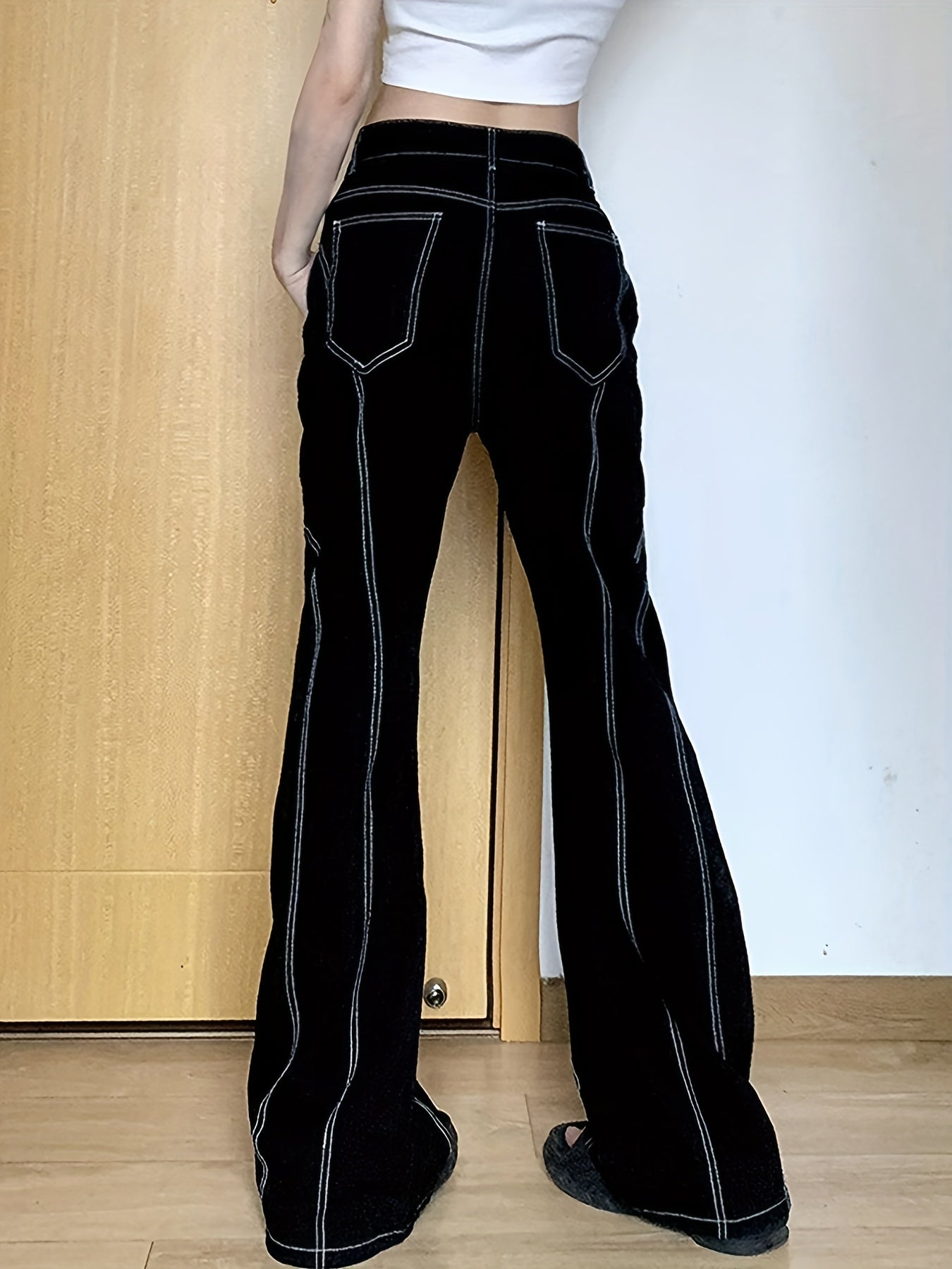 High Stretch Stripes Flare Leg Jeans Zipper Closure Denim Pants