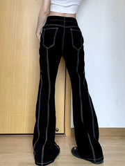 High Stretch Stripes Flare Leg Jeans Zipper Closure Denim Pants