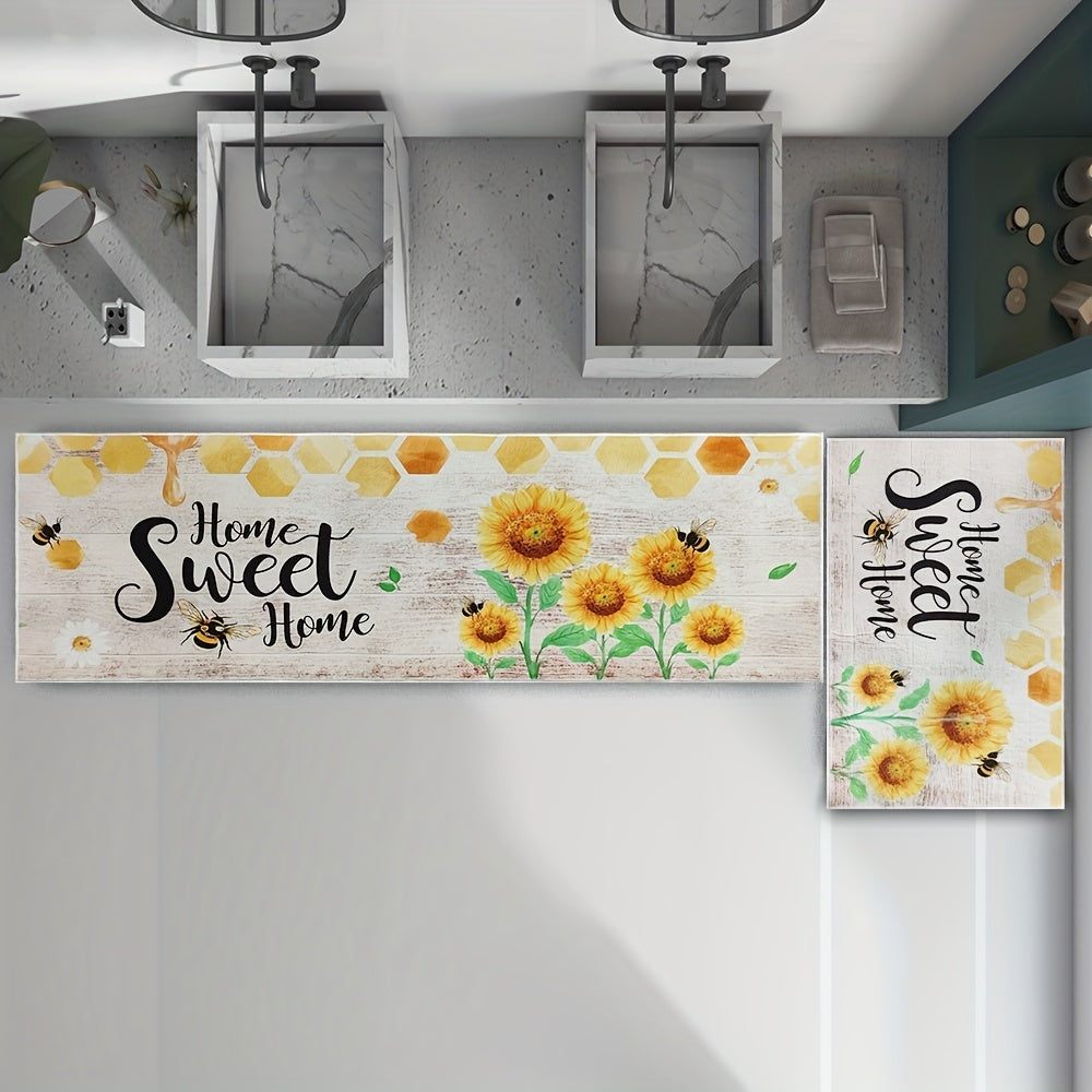 Bee Sunflower Kitchen Rug Absorbent Non Slip Stain Resistant Waterproof