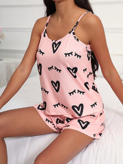 Heart & Eyelash Print Cami Top & Shorts Lounge Set