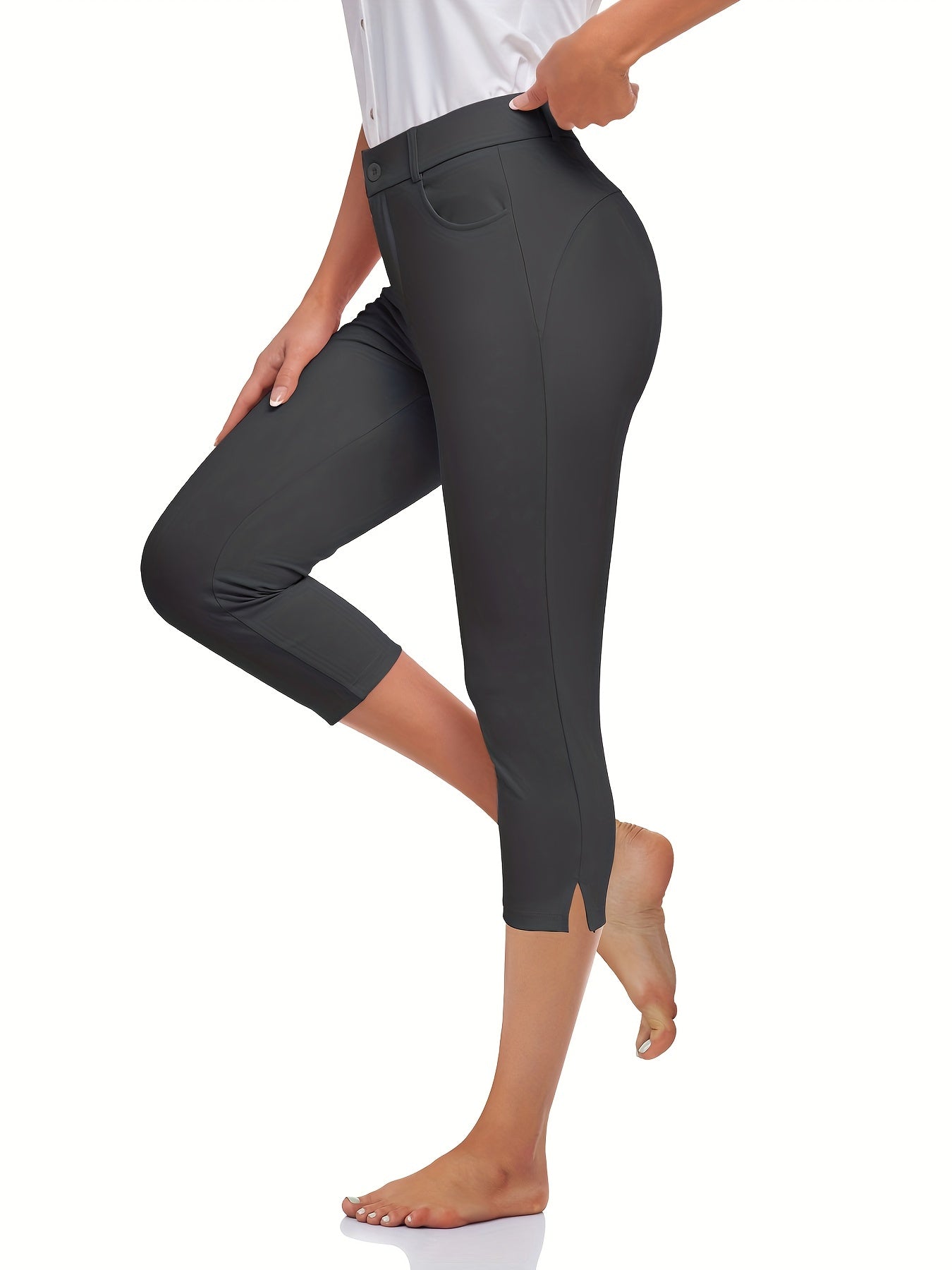 Sport Fitness Yoga Leggings With Pockets Solid Split 7 Point Pants