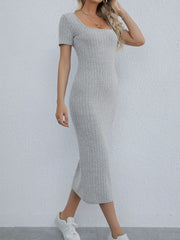 Y2K Ribbed Split Bodycon Dress Square Neck Short Sleeve for Spring & Summer