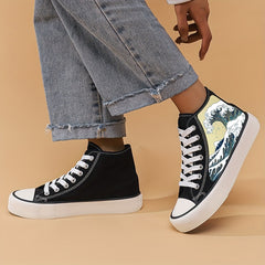 Women's Wave Graphic High Top Canvas Shoes Lace Up Casual Sneakers