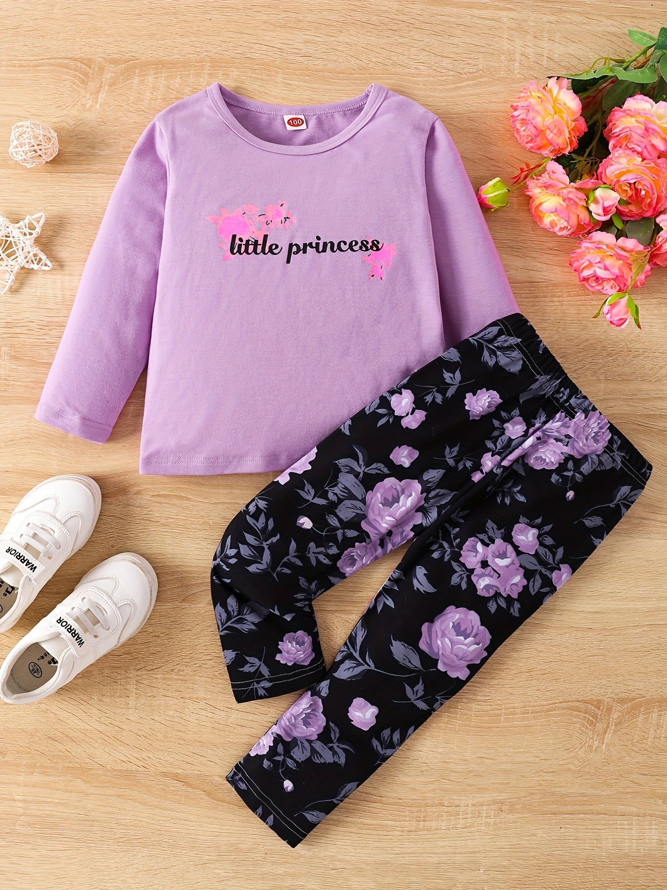 Floral Pattern 2pcs Set Long Sleeve Top & Leggings LITTLE PRINCESS Print