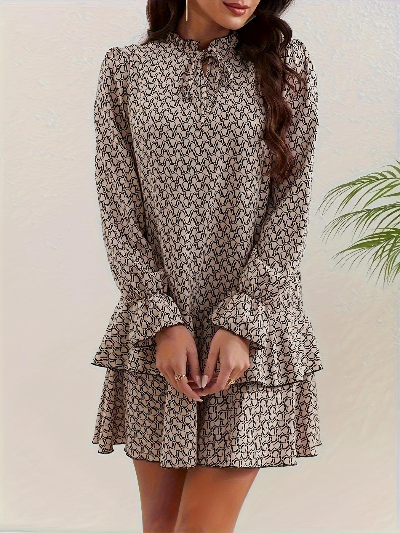 Allover Print Layered Ruffle Trim Flounce Sleeve Dress